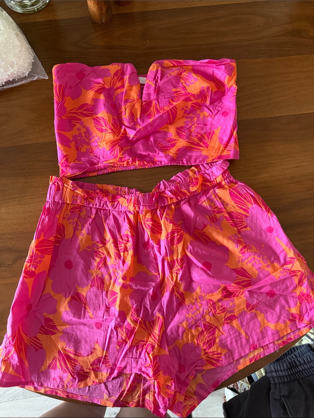 Olivaceous Pink and Orange Floral Strapless Crop Top with Matching Shorts